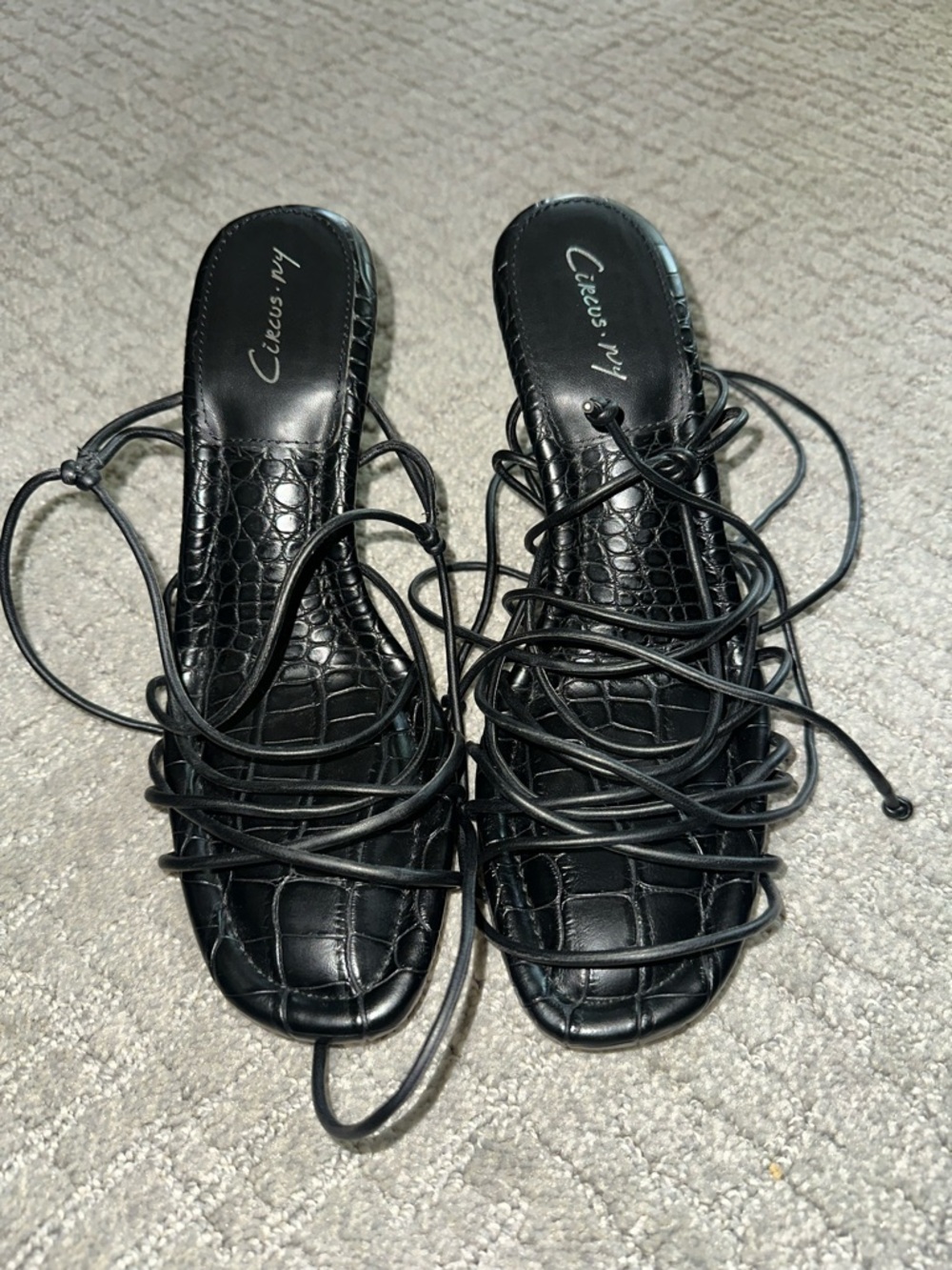 Circus by Sam Edelman Black Croc-Embossed Lace-Up Heeled Sandals